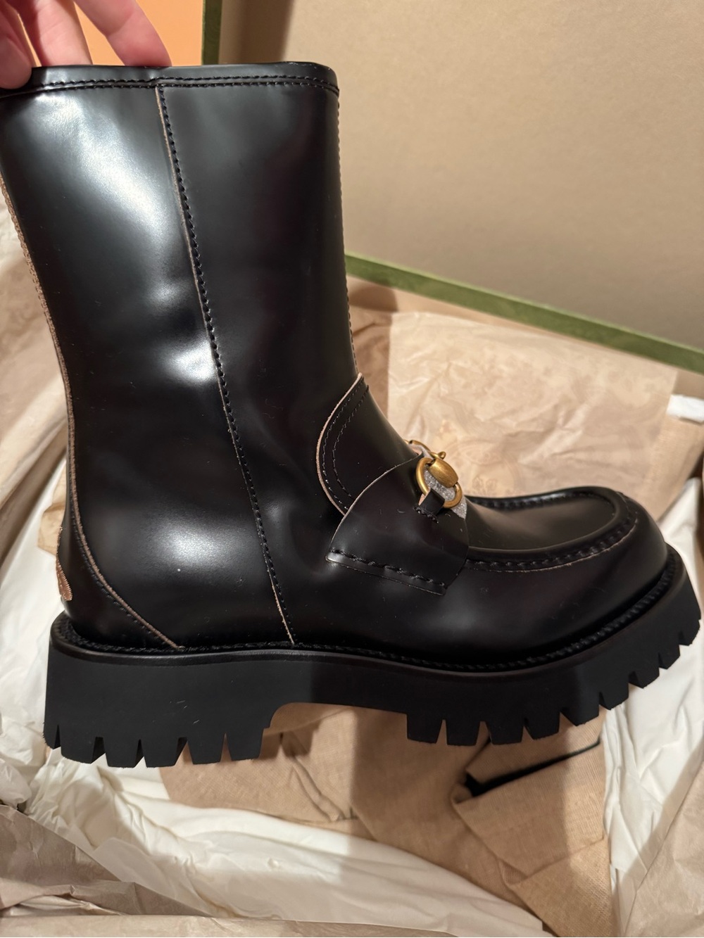 Gucci Black Leather Combat Moto Boots with Gold Horsebit